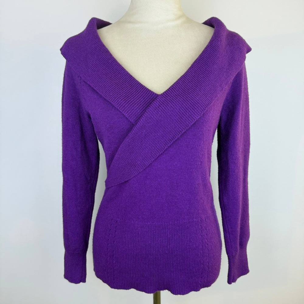 White House Black Market Purple Chic Cashmere Blend Wrap Neck Sweater Small Sz S